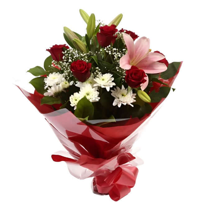 Luxury Princess BouquetRed Roses, Bloom Chrysanthemums, Oriental Lilies and Palm foliage are expertly arranged to create this dramatic design. This stunning gift is the ultimate gift to create an impression. Beautifully wrapped and tied with ribbon before