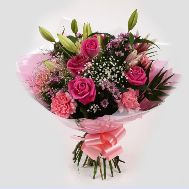 Pink Crystal BouquetBeautiful Pink Crystal Bouquet, Pink Roses and Lillies with Gypsophila, Pink Dianthus, Pink Santini flowers and foliage, wrapped with matching ribbon. Beautifully wrapped and tied with ribbon before being delivered.£14.99