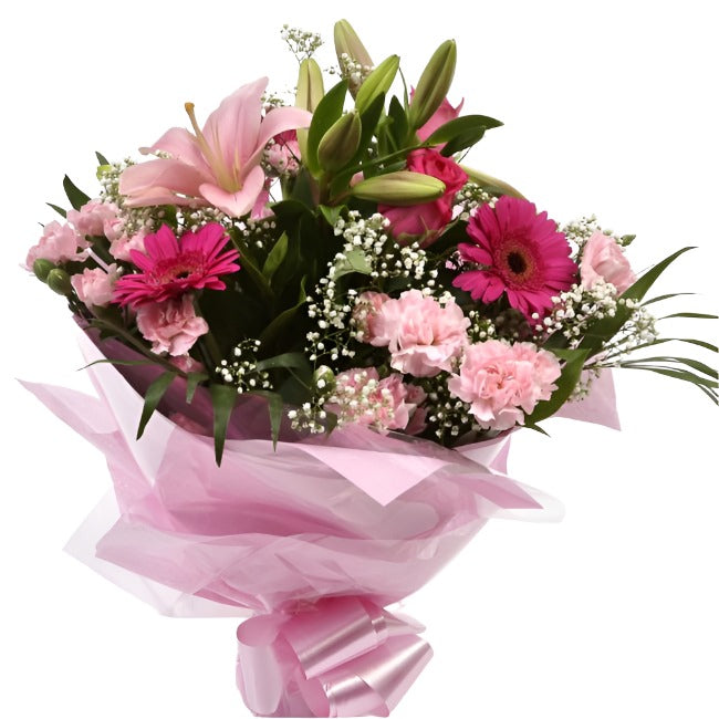 Pink Sienna BouquetThis lovely selection of flowers is the perfect gift for any occasion.Pink Germini, Pink Roses & Pink Spray with Palm Leaf and other assorted flowers are beautifully presented. Beautifully wrapped and tied with ribbon before being deliv