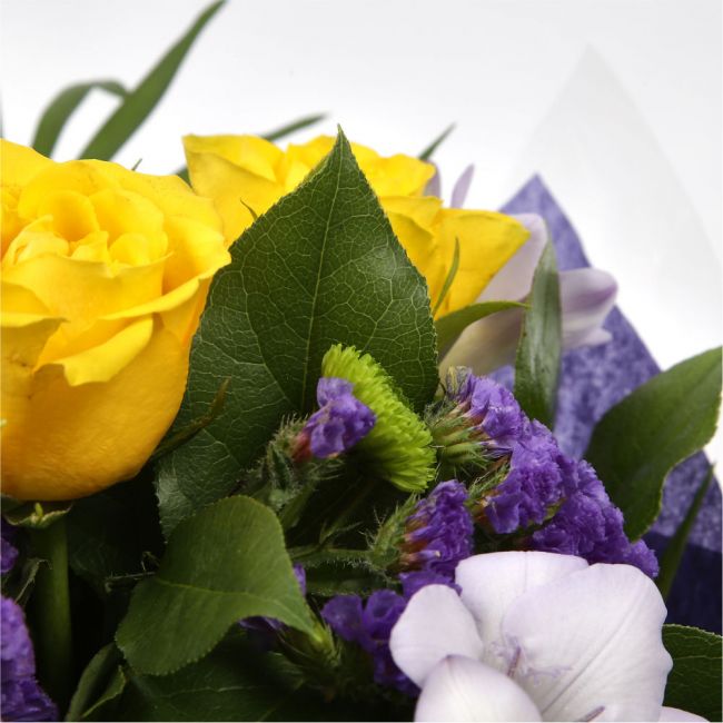 Pretty Scented Roses & FreesiasYellow large-headed Roses combine with pretty Freesias and foliage to create this beautifully scented bouquet in delicate lemons and lilacs. Beautifully Scented,£14.99