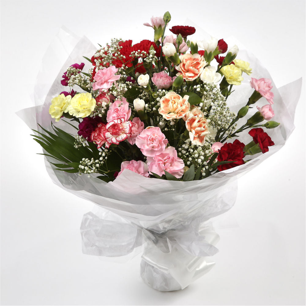 Joyful Splendor BouquetBeautiful long lasting Vibrant Spray Bouquet is a pretty display of 15 delicate spray Carnations in beautiful shades. Each stem has at least four flower heads so 15 stems will give around 50 - 60 flowerheads. Colours may vary from i