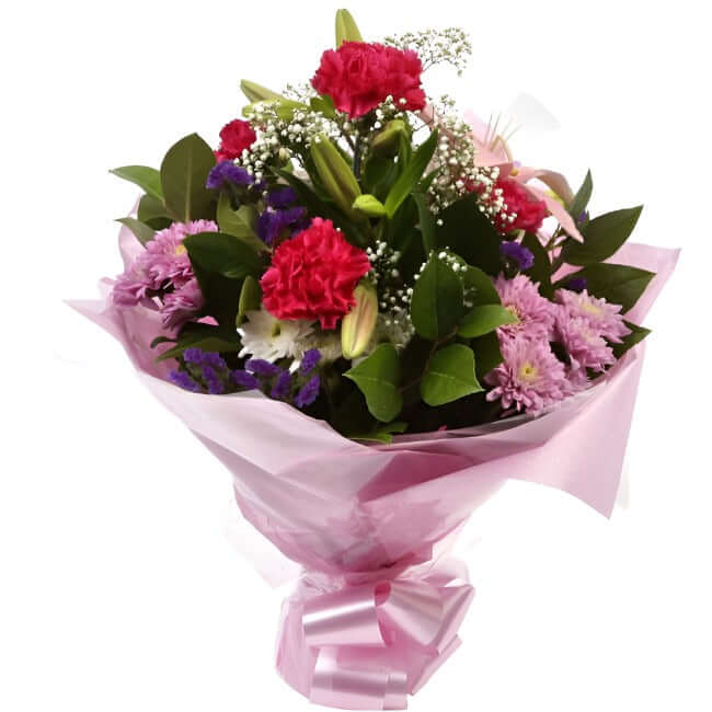 Stunning Pink Cerise BouquetThis Sweet Pink bouquet features matching Pink Chrysanthemums, Pink Cerise Carnations, purple Statice and Gypsophila, punctuated with leaves Pink Lillies, expertly created by our florists. Beautifully wrapped and tied with ribb