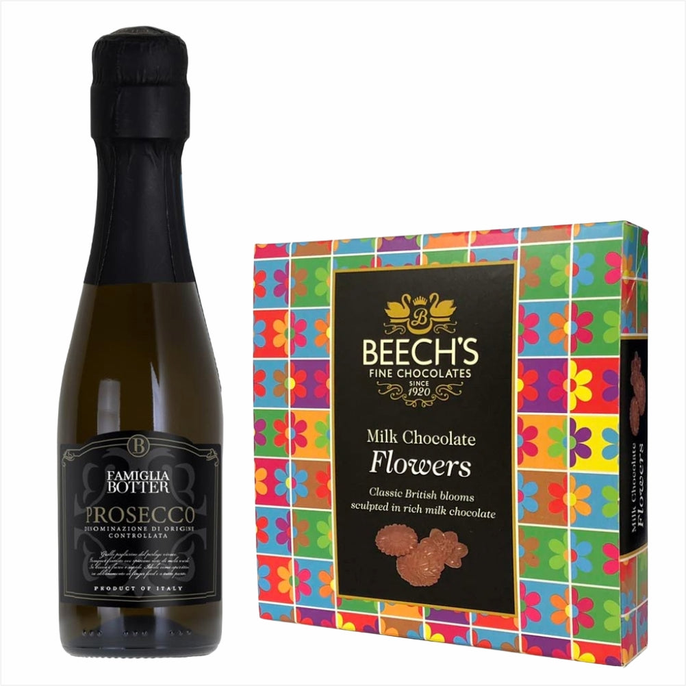 Botter Prosecco 200ml & Milk Flowers ChocolatesBotter Prosecco 200ml & Milk Flowers Chocolates Italy, Veneto Pale light yellow colour with fine perlage. Delicately fruity slightly aromatic bouquet with hints of flowers among which honey and wild apple sce