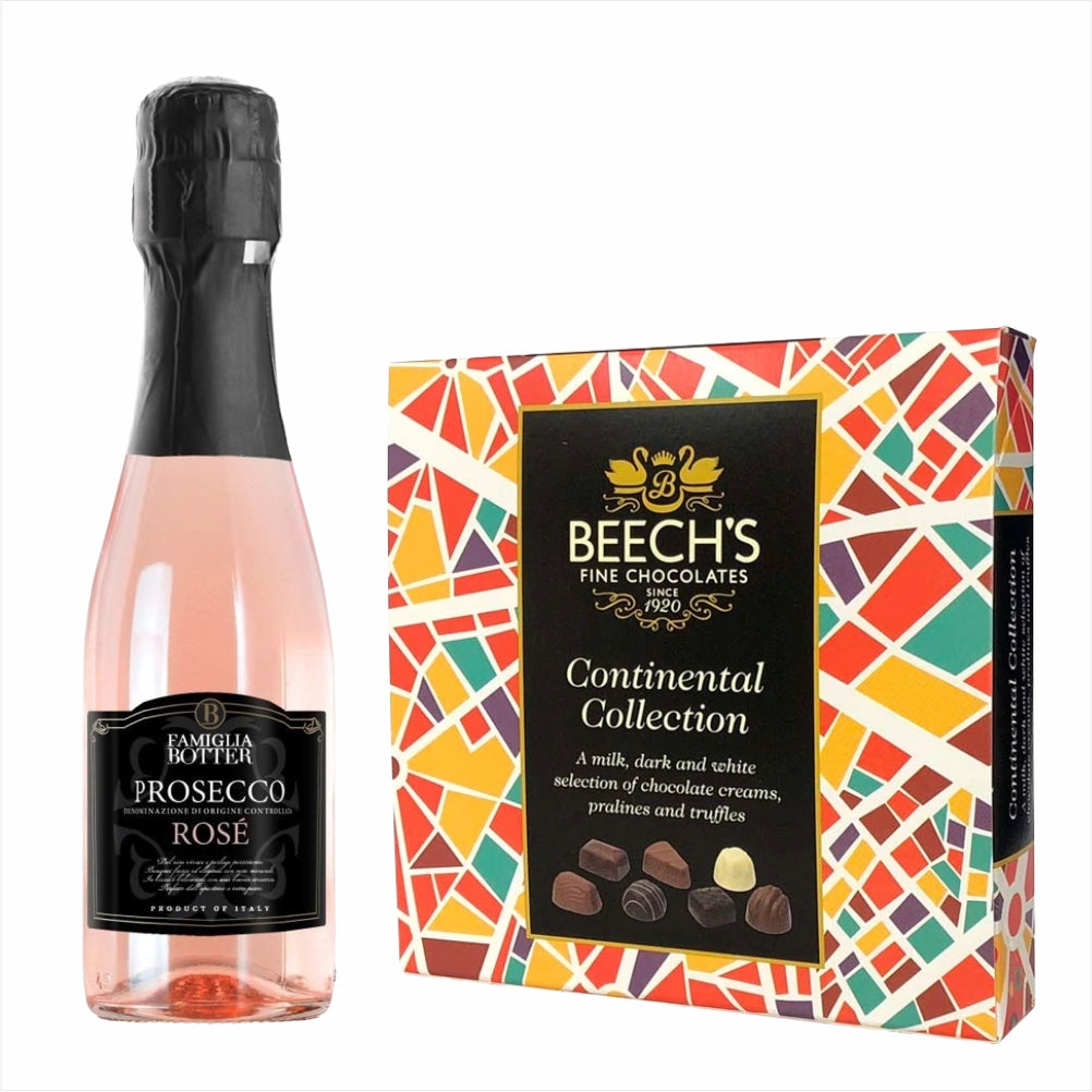 Botter Prosecco Rose 200ml & Continental Chocolate GiftBotter Prosecco Rose 200ml & Continental Chocolate Gift Light rose colour. Elegant and intense bouquet. Dry, soft and well-balanced on the palate; round and full bodied structure. Celebrates life's me