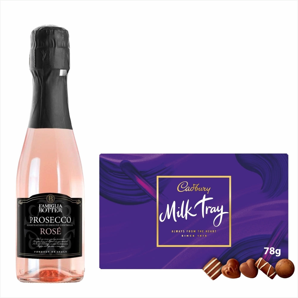 Botter Prosecco Rose 200ml & Milk Tray Chocolate GiftBotter Prosecco Rose 200ml & Milk Tray Chocolate Gift Light rose colour. Elegant and intense bouquet. Dry, soft and well-balanced on the palate; round and full bodied structure. Celebrates life's memora