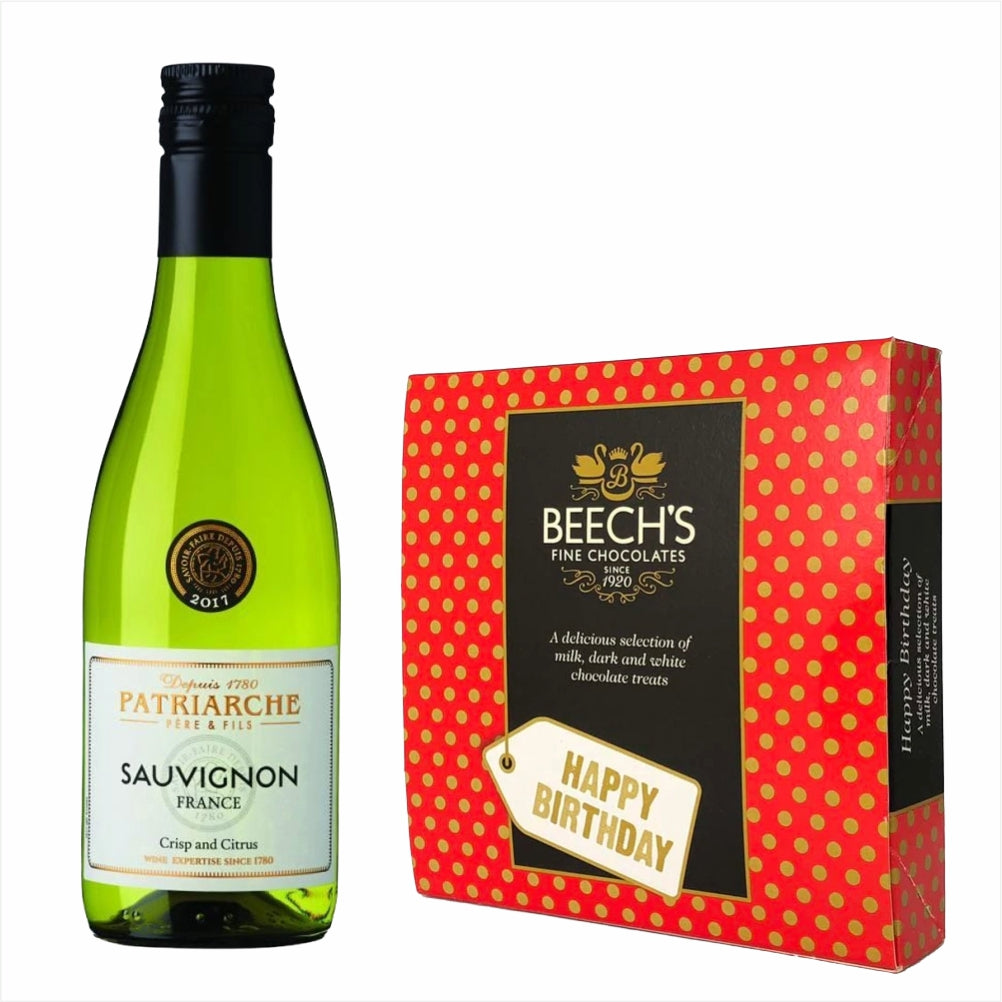 Patriarche Sauvignon Blanc 18.7cl Birthday ChocolatesPatriarche Sauvignon Blanc 18.7cl Happy Birthday Birthday Chocolates Citrus fruits on the nose, this wonderful wine is fresh and has a well balanced finish & Milk Tray Chocolates£11.99