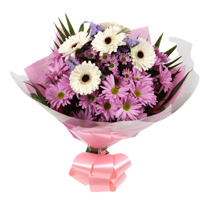 Pink Santini BouquetPink Santini Bouquet, Pink Santini, Pink Chrysanthemums, Statice with White Germini combine with Foliage to create this beautifull Bouquet.£12.99