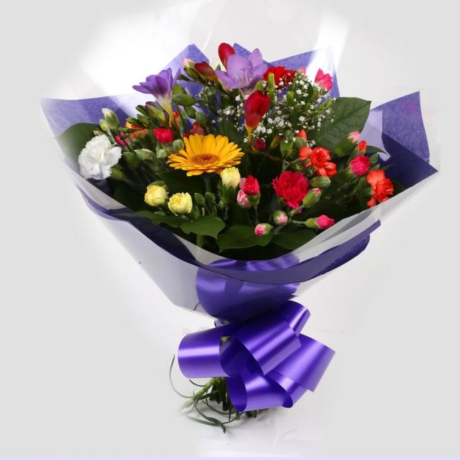 Fragrant Star Flowers BouquetFragrant Star Bouquet, This bouquet of flowers is a sweet selection , this bouquet is full of pretty pastel shades of spray and long stemmed carnations, gypsophilia, gerberas and Freesias. It's absolutely perfect. Beautifully