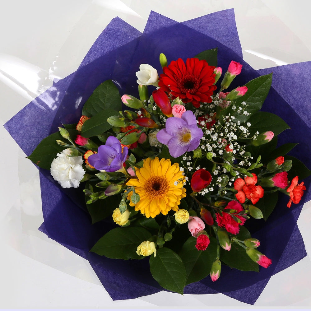 Fragrant Star Flowers BouquetFragrant Star Bouquet, This bouquet of flowers is a sweet selection , this bouquet is full of pretty pastel shades of spray and long stemmed carnations, gypsophilia, gerberas and Freesias. It's absolutely perfect. Beautifully