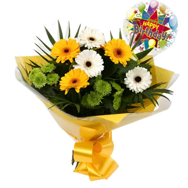 Birthday Balloon & Yellow Cream FlowersBirthday Balloon & Yellow Cream Bouquet mix of Chrysanthemum flowers in along with Yellow and White Germini all interspersed with delicate palm leaves. Beautifully wrapped and tied with ribbon before being delivered.