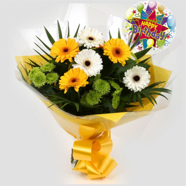 Birthday Balloon & Yellow Cream FlowersBirthday Balloon & Yellow Cream Bouquet mix of Chrysanthemum flowers in along with Yellow and White Germini all interspersed with delicate palm leaves. Beautifully wrapped and tied with ribbon before being delivered.
