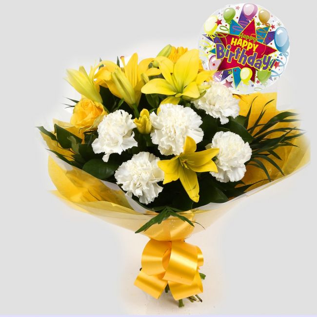 Birthday Balloon & Golden Sunshine FlowersBirthday Balloon & Golden Sunshine Bouquet, This lovely selection of flowers is the perfect gift for any occasion. White Dianthus, Yellow Roses & Yellow Lillies with assorted foliage are beautifully presented. Bea