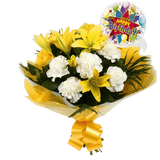 Birthday Balloon & Golden Sunshine FlowersBirthday Balloon & Golden Sunshine Bouquet, This lovely selection of flowers is the perfect gift for any occasion. White Dianthus, Yellow Roses & Yellow Lillies with assorted foliage are beautifully presented. Bea