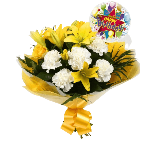 Birthday Balloon & Golden Sunshine FlowersBirthday Balloon & Golden Sunshine Bouquet, This lovely selection of flowers is the perfect gift for any occasion. White Dianthus, Yellow Roses & Yellow Lillies with assorted foliage are beautifully presented. Bea