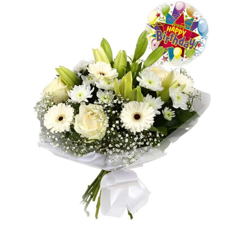 Birthday Balloon & White Petite FlowersBirthday Balloon & This beautiful White bouquet says everything. a beautiful gift,this bouquet is made up of Roses,Chrsyanthemums, cream Germini, boom Chrysanthemums & Gypsophila. Beautifully wrapped and tied with ri