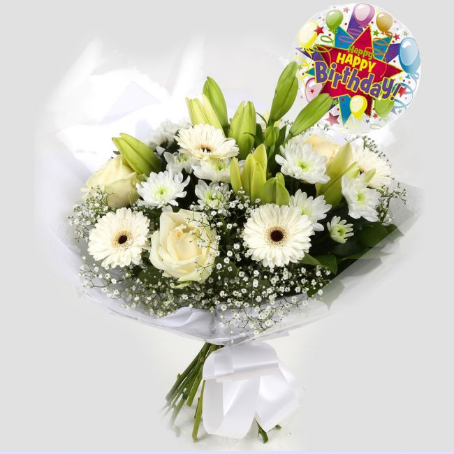 Birthday Balloon & White Petite FlowersBirthday Balloon & This beautiful White bouquet says everything. a beautiful gift,this bouquet is made up of Roses,Chrsyanthemums, cream Germini, boom Chrysanthemums & Gypsophila. Beautifully wrapped and tied with ri