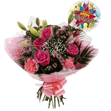 Birthday Balloon & Pink Crystal FlowersHappy Birthday Balloon & Beautiful Pink Crystal Bouquet, Pink Roses and Lillies with Gypsophila, Pink Dianthus, Pink Santini flowers and foliage, wrapped with matching ribbon. Beautifully wrapped and tied with ribbon