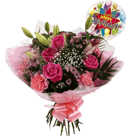 Birthday Balloon & Pink Crystal FlowersHappy Birthday Balloon & Beautiful Pink Crystal Bouquet, Pink Roses and Lillies with Gypsophila, Pink Dianthus, Pink Santini flowers and foliage, wrapped with matching ribbon. Beautifully wrapped and tied with ribbon