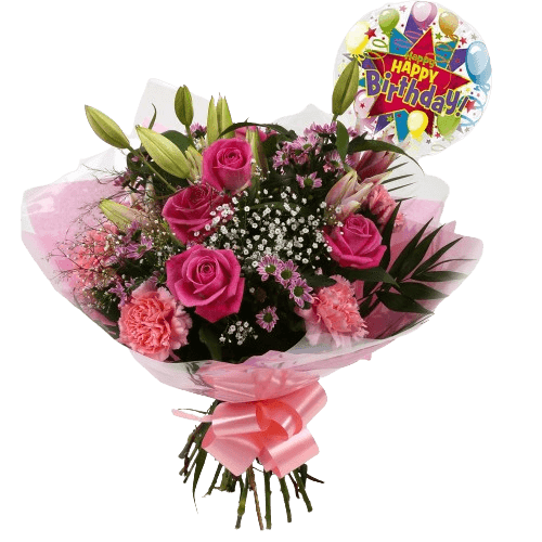 Birthday Balloon & Pink Crystal FlowersHappy Birthday Balloon & Beautiful Pink Crystal Bouquet, Pink Roses and Lillies with Gypsophila, Pink Dianthus, Pink Santini flowers and foliage, wrapped with matching ribbon. Beautifully wrapped and tied with ribbon
