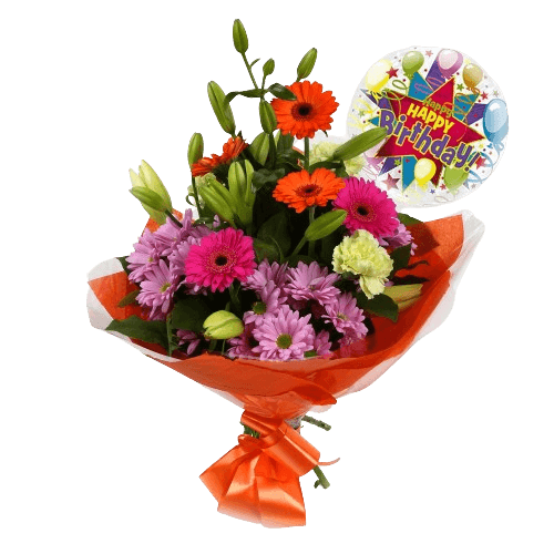 Birthday Balloon & Colour Burst Bouquet FlowersBirthday Balloon & Colour Burst Bouquet, Surprise a loved one with this gorgeous display of vibrant flowers, eye catching daisies, Yellow Lillies & Chrysanthemums, and Mint green Carnations.£19.99