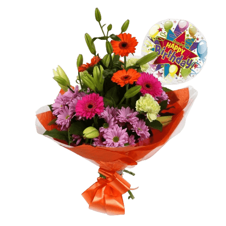 Birthday Balloon & Colour Burst Bouquet FlowersBirthday Balloon & Colour Burst Bouquet, Surprise a loved one with this gorgeous display of vibrant flowers, eye catching daisies, Yellow Lillies & Chrysanthemums, and Mint green Carnations.£19.99