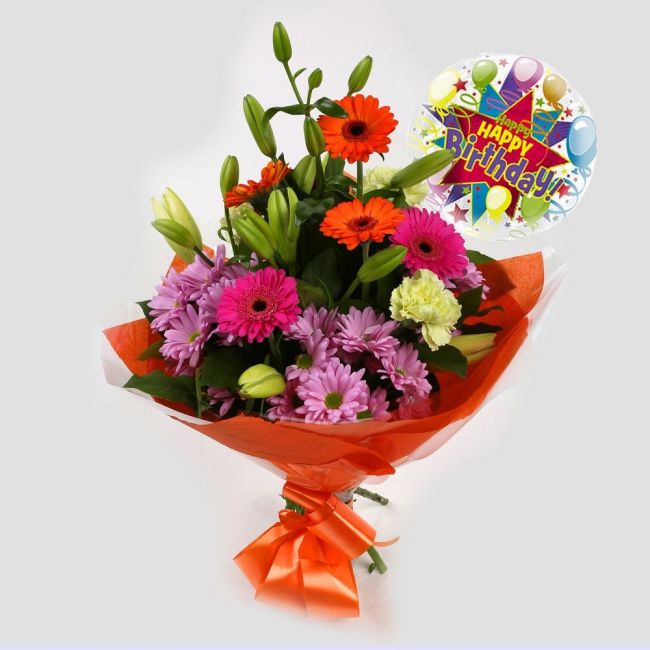 Birthday Balloon & Colour Burst Bouquet FlowersBirthday Balloon & Colour Burst Bouquet, Surprise a loved one with this gorgeous display of vibrant flowers, eye catching daisies, Yellow Lillies & Chrysanthemums, and Mint green Carnations.£19.99