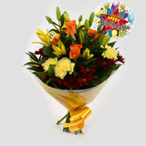 Happy Birthday Balloon & Redsunshine FlowersHappy Birthday Balloon & Beautiful Red Sunshine Orange Bouquet, Roses and Lillies with foliage, wrapped with matching ribbon. Beautifully wrapped and tied with ribbon before being delivered.£19.99