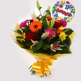 Congrats Balloon & Jubilation Bouquet FlowersCongratulations Balloon & Jubilation Bouquet. Make a striking impression by sending this stylish Jubilation Bouquet, hand-crafted by one of our expert florists using Lillies, Red Roses, Germini with Foliage Sur