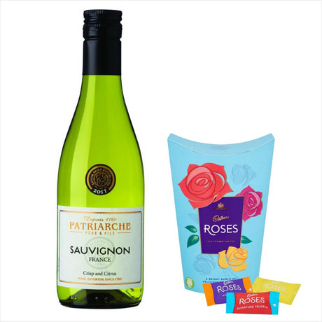 Patriarche Sauvignon Blanc 18.7cL & Roses Chocolate GiftPatriarche Sauvignon Blanc 18.7cl France, Vin de France Citrus fruits on the nose, this wonderful wine is fresh and has a well balanced finish. Celebrates life's memorable moments with this gift pack