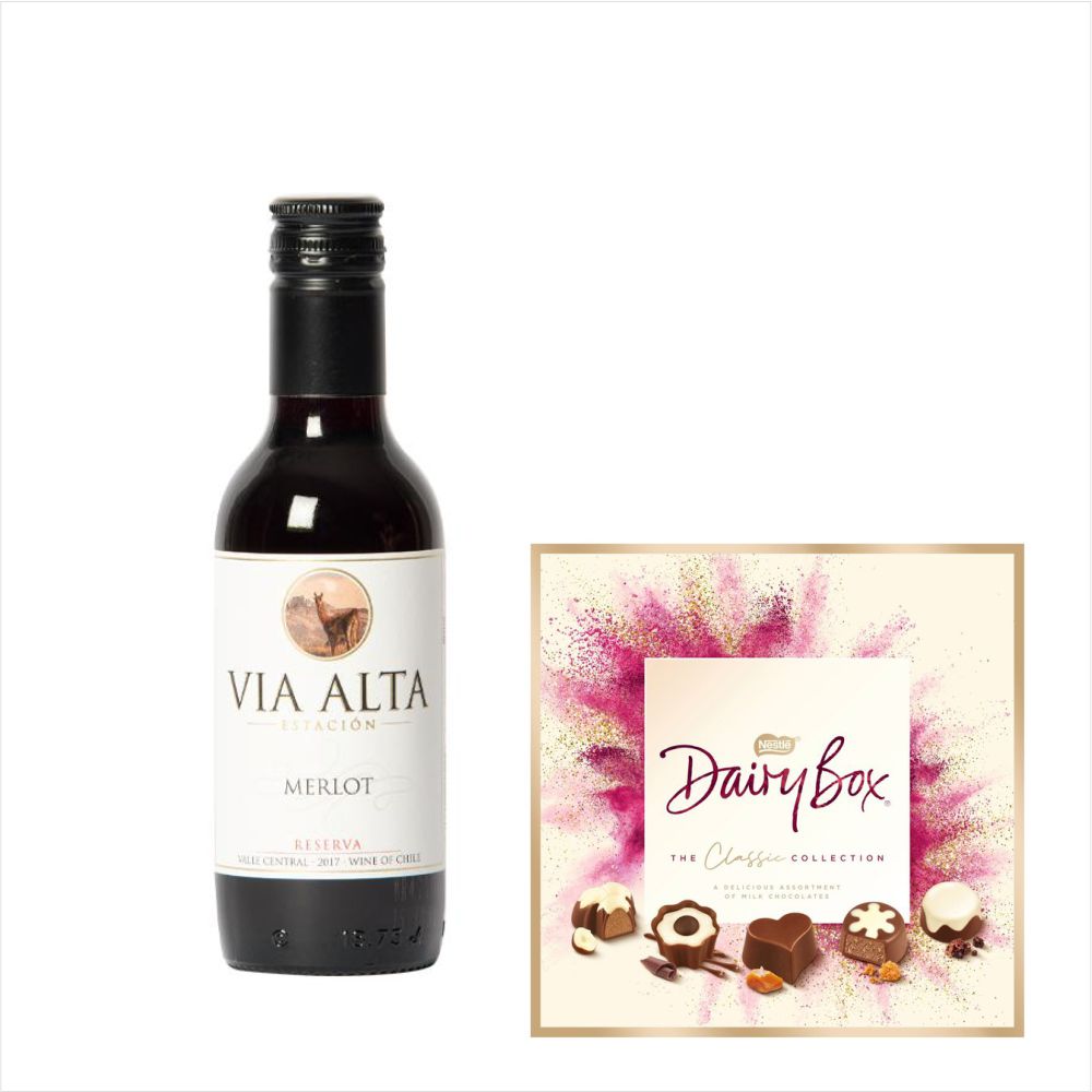 Via Alta Merlot 18.7cL & Dairy Box Chocolate GiftVia Alta Merlot 18.7cl Rich and concentrated that packs all you want from this easy drinking Merlot . Great stuff! Celebrates life's memorable moments with this gift package.£11.99