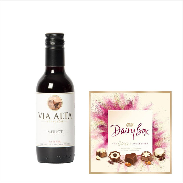 Via Alta Merlot 18.7cL & Dairy Box Chocolate GiftVia Alta Merlot 18.7cl Rich and concentrated that packs all you want from this easy drinking Merlot . Great stuff! Celebrates life's memorable moments with this gift package.£11.99