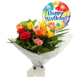 Birthday Balloon & 12 Multicolour Roses FlowersThis Beautiful Bouquet, carefully selected flowers with foliage are expertly arranged to create this dramatic design. This stunning gift is the ultimate gift to create an impression. Beautifully wrapped and t