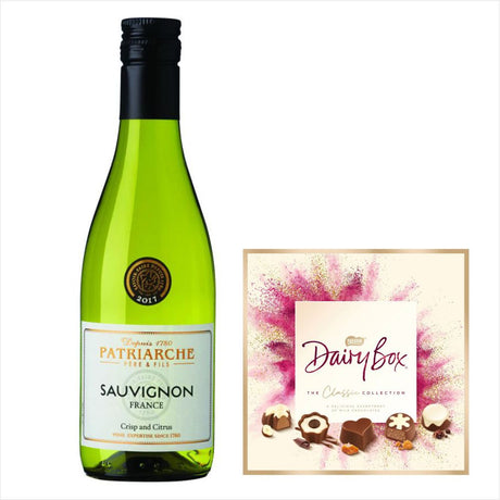 Patriarche Sauvignon Blanc 18.7cL & Dairy Box Chocolate GiftPatriarche Sauvignon Blanc 18.7cl France, Vin de France Citrus fruits on the nose, this wonderful wine is fresh and has a well balanced finish. Celebrates life's memorable moments with this gift
