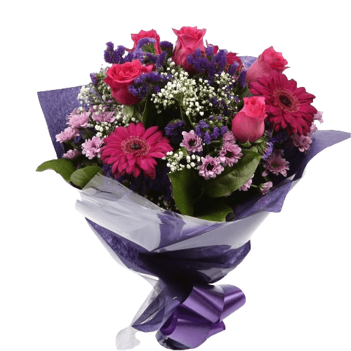 Beautiful Cerise Bouquet FlowersLarge-headed Roses combined with pretty Gerberas, Statice, Pink Gypsophila and foliage to create this beautifully scented bouquet. Each stem is expertly positioned by hand, hand crafted by one of our expert florists using t
