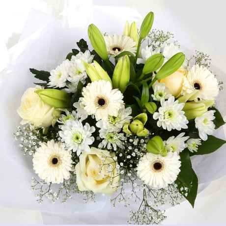 Birthday Balloon & White Petite FlowersBirthday Balloon & This beautiful White bouquet says everything. a beautiful gift,this bouquet is made up of Roses,Chrsyanthemums, cream Germini, boom Chrysanthemums & Gypsophila. Beautifully wrapped and tied with ri