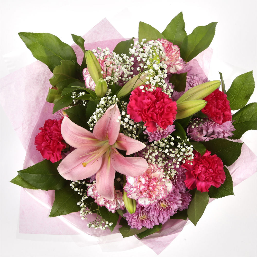 Cherry Bouquet FlowersA truly fabulous selection of flowers, including Oriental Lilies, Pink Gypsophila. Finished with a complementary ribbon, this hand-tied bouquet will create a stunning gift for any special occasion. This popular bouquet is superb valu