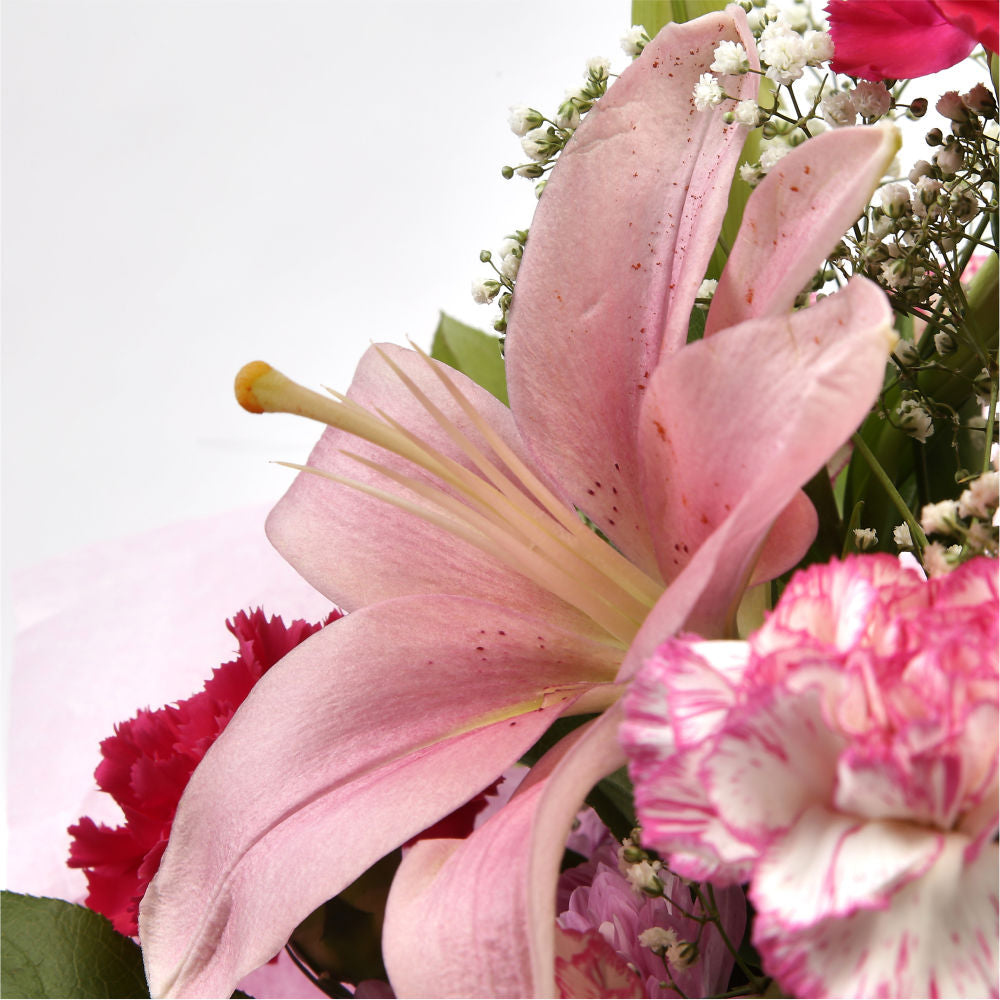 Cherry Bouquet FlowersA truly fabulous selection of flowers, including Oriental Lilies, Pink Gypsophila. Finished with a complementary ribbon, this hand-tied bouquet will create a stunning gift for any special occasion. This popular bouquet is superb valu