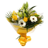 Lemon & White BouquetLemon & White Bouquet, We know how much you like this bouquet! lovely fresh Yellow Roses contrast against the white Gypsophila, with palm leaves, White Germini and Chrysanthemums, lovely bunch of flowers. Beautifully wrapped and tied