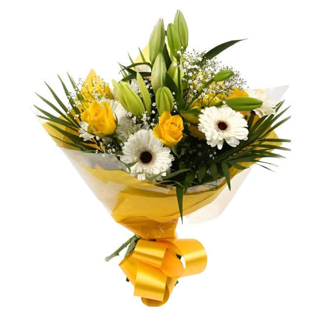 Lemon & White BouquetLemon & White Bouquet, We know how much you like this bouquet! lovely fresh Yellow Roses contrast against the white Gypsophila, with palm leaves, White Germini and Chrysanthemums, lovely bunch of flowers. Beautifully wrapped and tied