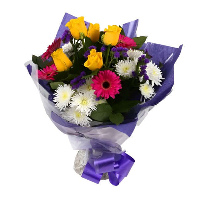 Starburst BouquetStarburst Blush Bouquet, Yellow Roses &Pink Gerberas and carefully selected flowers with foliage are expertly arranged to create this dramatic design. This stunning gift is the ultimate gift to create an impression. Beautifully wrapped an