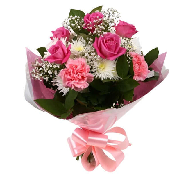 Strawberry PinkStrawberry Pink Blush Bouquet, Pink Roses & Gypsophila and carefully selected flowers with foliage are expertly arranged to create this dramatic design. This stunning gift is the ultimate gift to create an impression. Beautifully wrapped an