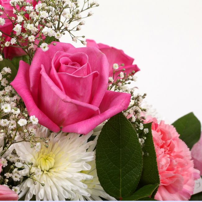 Strawberry PinkStrawberry Pink Blush Bouquet, Pink Roses & Gypsophila and carefully selected flowers with foliage are expertly arranged to create this dramatic design. This stunning gift is the ultimate gift to create an impression. Beautifully wrapped an