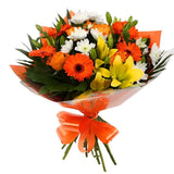 Orange Burst BouquetOrange Burst Bouquet, This lovely selection of flowers is the perfect gift for any occasion. Orange Germini, Orange Roses & Yellow Lillies with White Spray flowers and other assorted flowers are beautifully presented. Beautifully wrapp