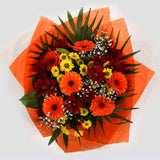 Red Fall BouquetStunning Bright Red Fall Bouquet, Gerberas with Yellow & Red Santini Flowers Chico leaves with foliage, wrapped with matching ribbon. Beautifully wrapped and tied with ribbon before being delivered.£14.99