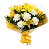 Golden Sunshine Flowers BouquetGolden Sunshine Bouquet, This lovely selection of flowers is the perfect gift for any occasion. White Dianthus, Yellow Roses & Yellow Lillies with assorted foliage are beautifully presented. Beautifully wrapped and tied with