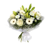 White Petite BouquetThis beautiful White bouquet says everything. a beautiful gift,this bouquet is made up of Roses,Chrsyanthemums, cream Germini, boom Chrysanthemums & Gypsophila. Beautifully wrapped and tied with ribbon before being delivered.£14.99