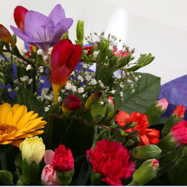 Fragrant Star Flowers BouquetFragrant Star Bouquet, This bouquet of flowers is a sweet selection , this bouquet is full of pretty pastel shades of spray and long stemmed carnations, gypsophilia, gerberas and Freesias. It's absolutely perfect. Beautifully