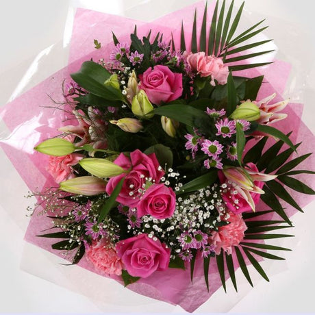 Pink Crystal BouquetBeautiful Pink Crystal Bouquet, Pink Roses and Lillies with Gypsophila, Pink Dianthus, Pink Santini flowers and foliage, wrapped with matching ribbon. Beautifully wrapped and tied with ribbon before being delivered.£14.99
