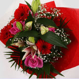 Pink Oriental BouquetPink Oriental Bouquet, Pink Roses, Oriental Lilies, Gypsophila with Red Germini and Palm foliage are expertly arranged to create this dramatic design. This stunning gift is the ultimate gift to create an impression.£14.99