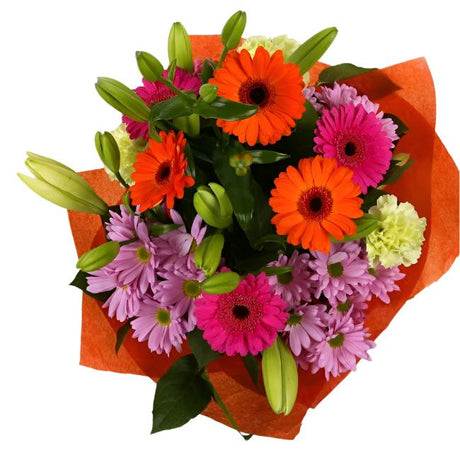 Colour Burst Flowers BouquetColour Burst Bouquet, Surprise a loved one with this gorgeous display of vibrant flowers, eye catching daisies, Yellow Lillies & Chrysanthemums, and Mint green Carnations.£14.99